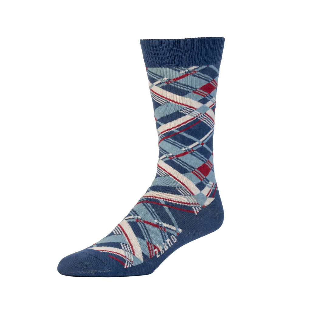 Zkano Crew Large Men's Organic Cotton Crew Socks - Diamond Plaid / Navy organic-socks-made-in-usa