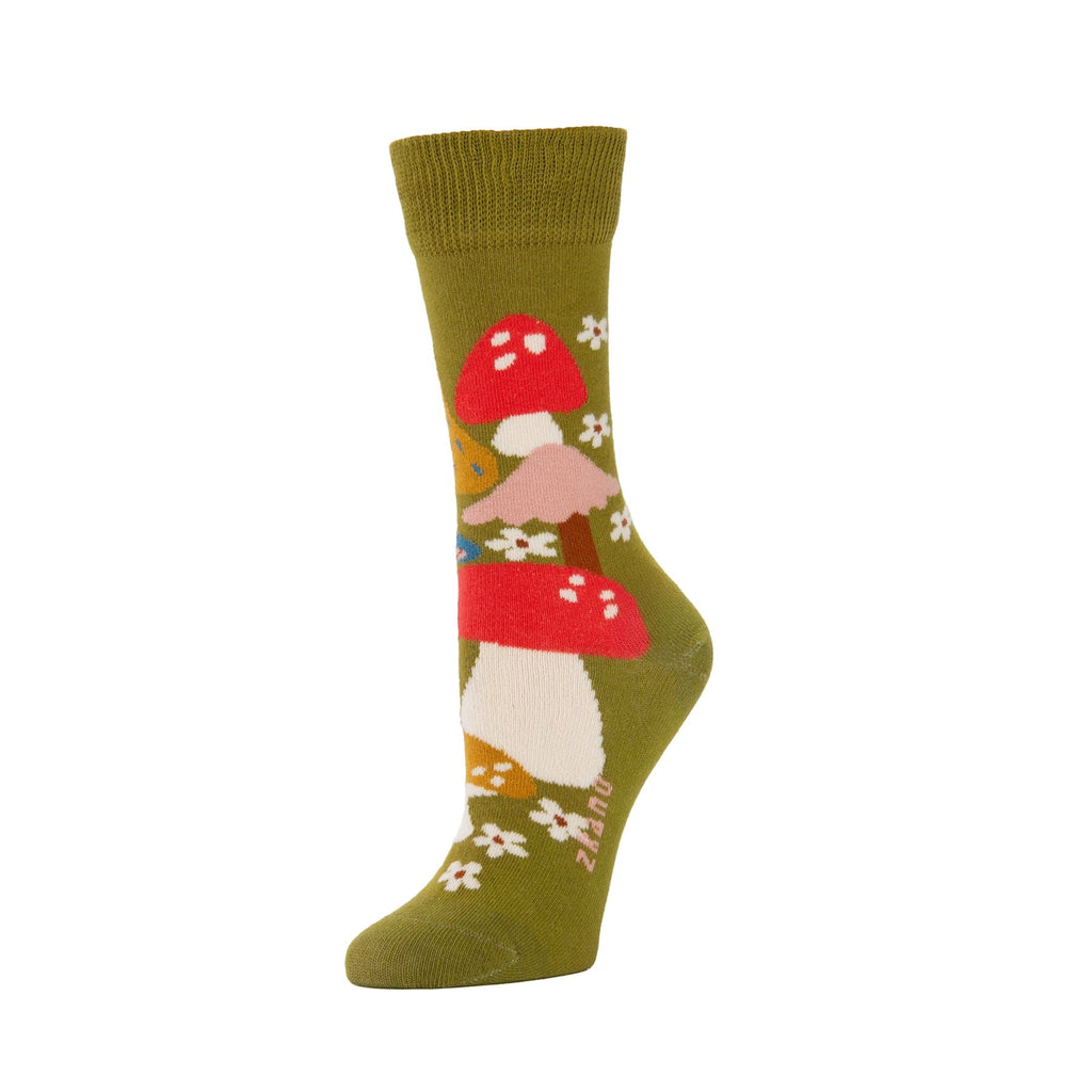 Zkano Crew Medium Mushroom Menagerie - Organic Cotton Socks Crew - Mossy Green organic-socks-made-in-usa