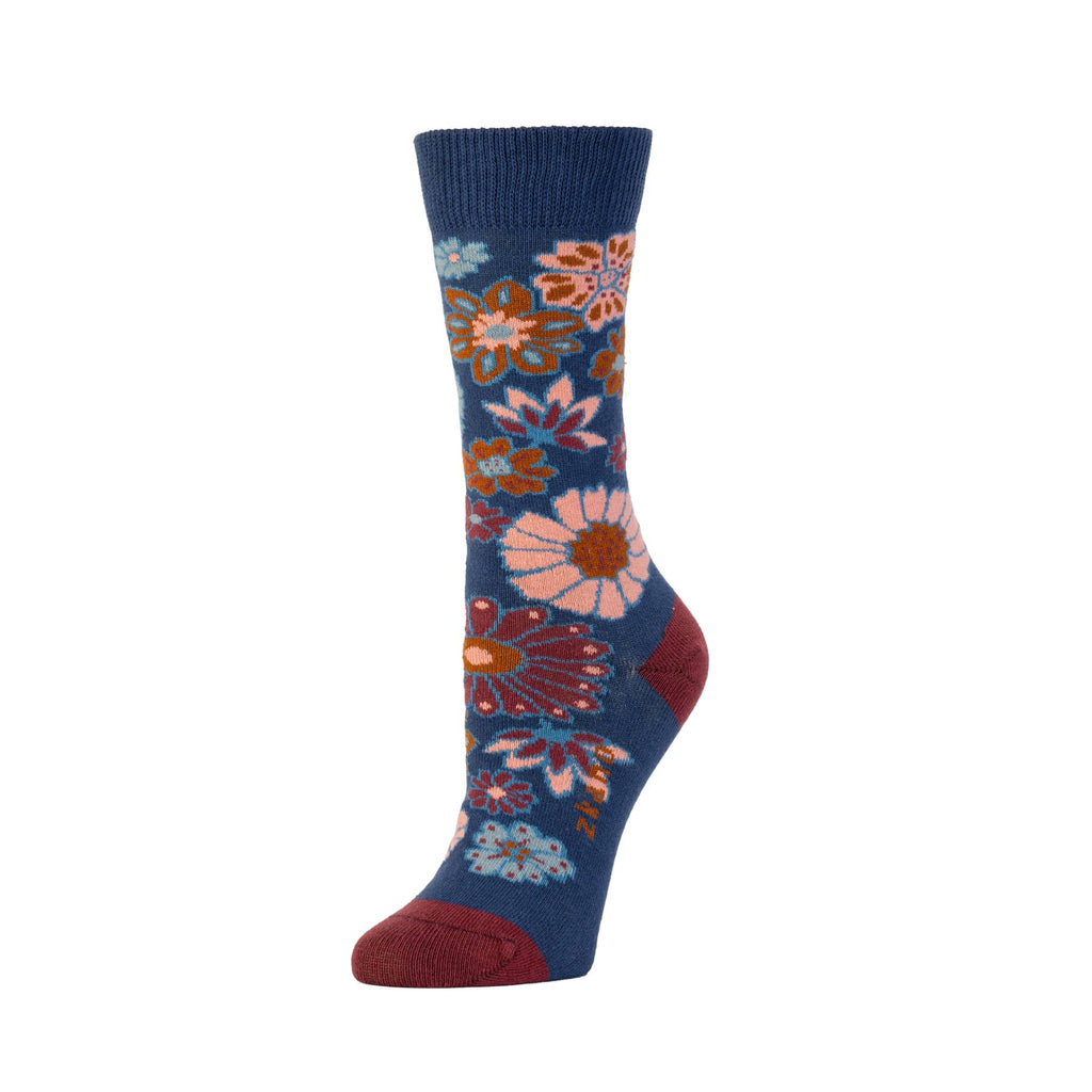 Zkano Crew Medium Women's Autumn Floral - Organic Cotton Socks Crew - Navy organic-socks-made-in-usa