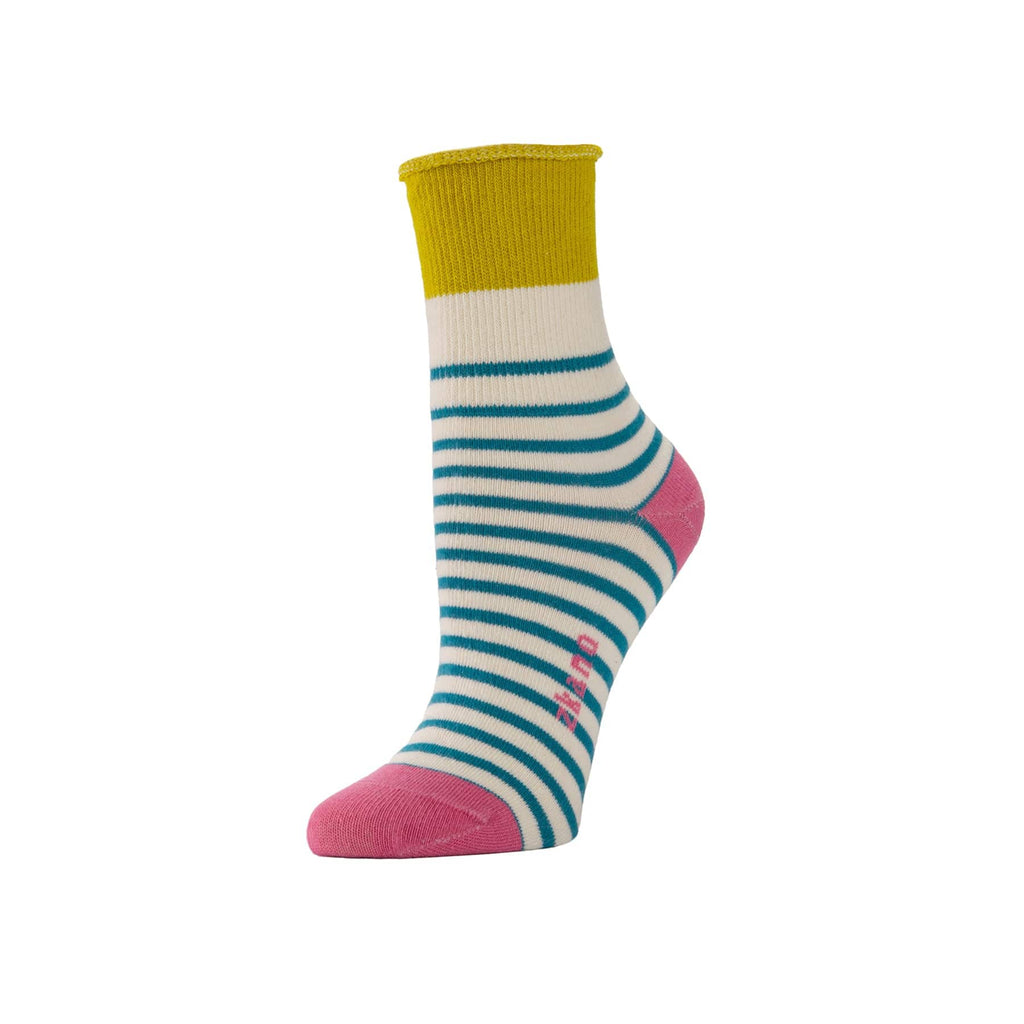 Zkano Roll Top Medium Breton Stripe - Roll Top Organic Cotton 1/2 Crew Socks - Natural organic-socks-made-in-usa