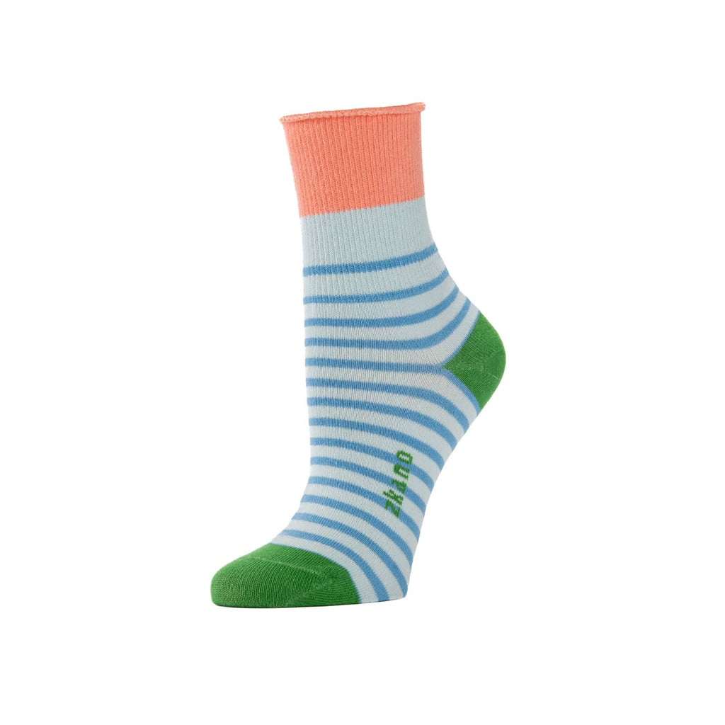Zkano Roll Top Medium Breton Stripe - Roll Top Organic Cotton 1/2 Crew Socks - Sky Blue organic-socks-made-in-usa